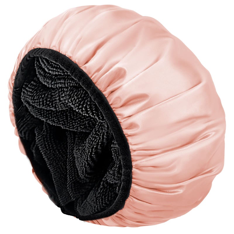 Aquior Shower cap Shower cap for Women Reusable  Triple Layer Waterproof Bath cap Silky Satin Outer Layer Terry Lining  Extra Large for Women Long Hair(champagne)